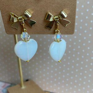 Artisan Opalite Heart Bow Pierced Stud Earrings NWT